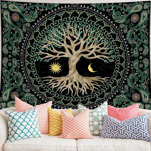 Tree of Life Tapestry Gloden Sun and Moon Wall Hanging Tapestry